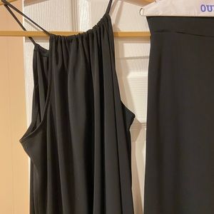 Kate Hill two piece black dressy crepe outfit sleeveless halter top. Mini skirt